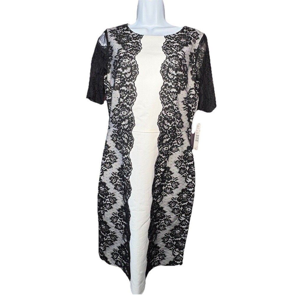 Antonio Melani Mitzri Dress Size 8 Ivory Black Lace Overlay Sheath Short Sleeve